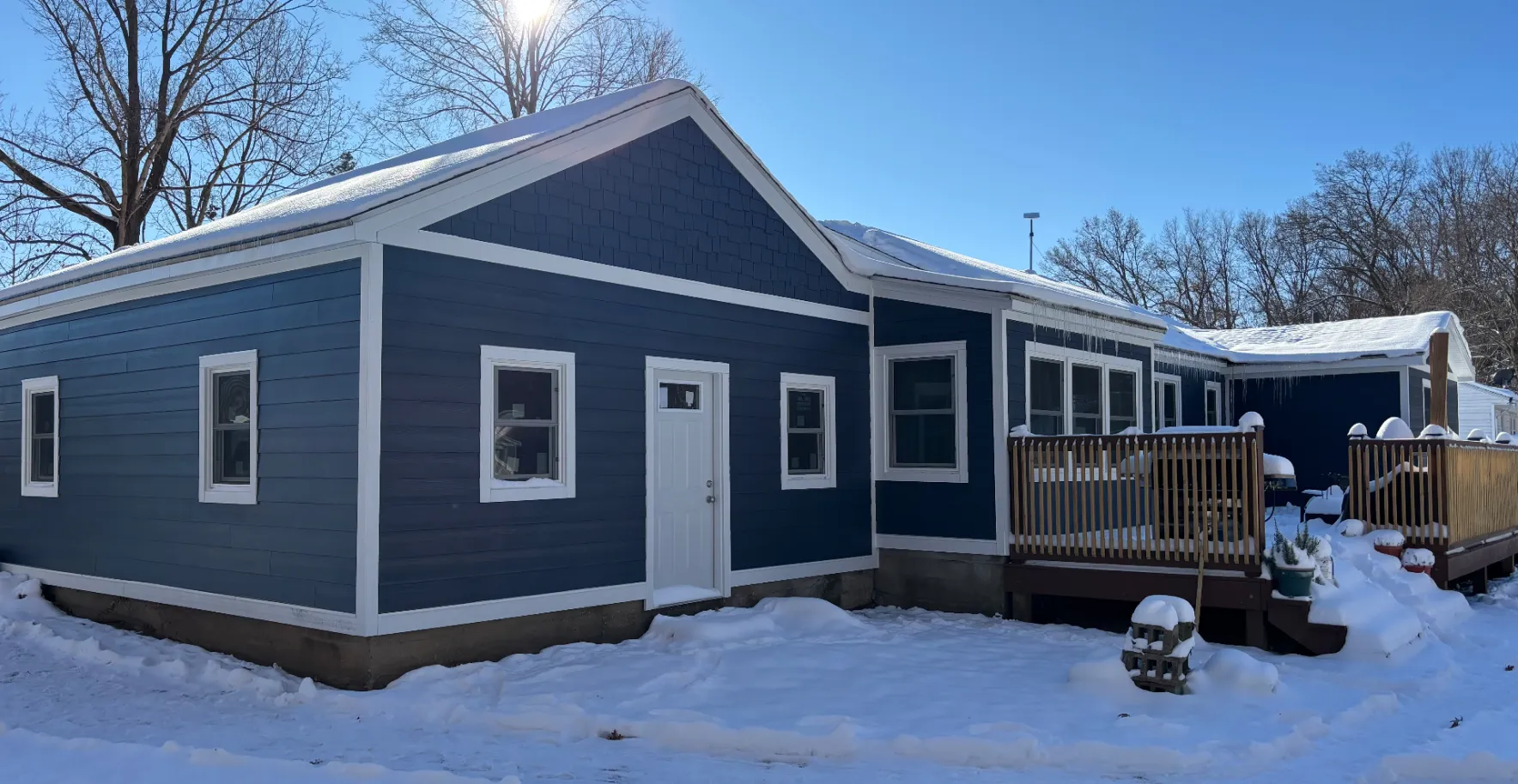 Blue siding, mid-winter - real Anchor Siding LLC job in mid-Michigan